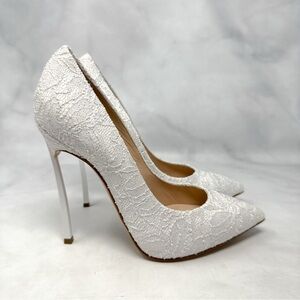 NEW Casadei Blade Heel Glittery Lace Pointed Toe Pumps White Wedding Bridal 35.5